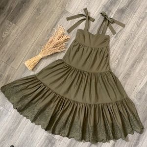 NWT-Olive Green-Jason Wu-Maxi Dress-Tie Shoulders-Eyelet Embroidered Hem-Size M